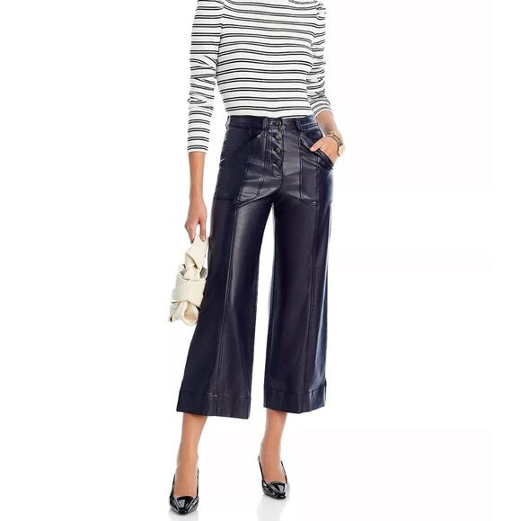 Cinq A Sept Benji Vegan Leather Cropped Seam Navy Flare Leg Pants 14 - Picture 5 of 12